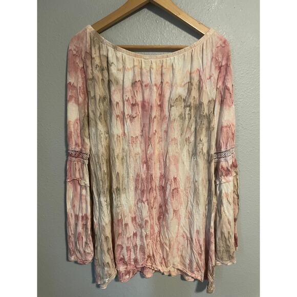 XCVI Shirt Womens XL Pink Tie Dye Crinkle Boho Peasant Long Sleeve Made USA - Picture 2 of 8